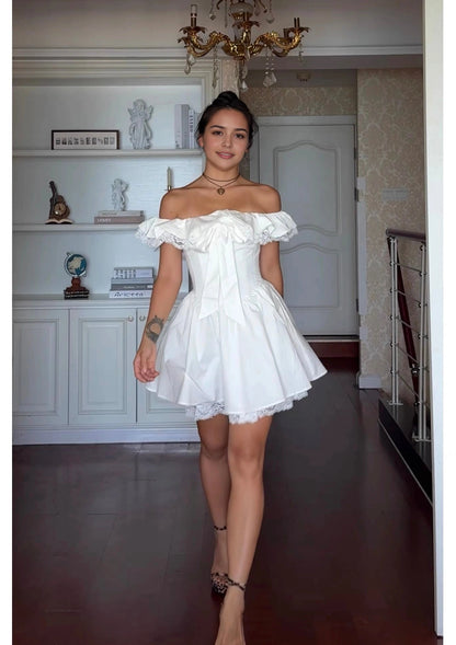 Aimishang Cute Off The Shoulder A Line Short Summer Homecoming Dress Lovely Graduation Party Dress With Bow