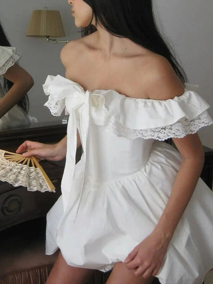 Aimishang Cute Off The Shoulder A Line Short Summer Homecoming Dress Lovely Graduation Party Dress With Bow