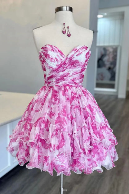 Aimishang A-Line Homecoming Dress Pink Sweetheart Short Tiered Print Chiffon