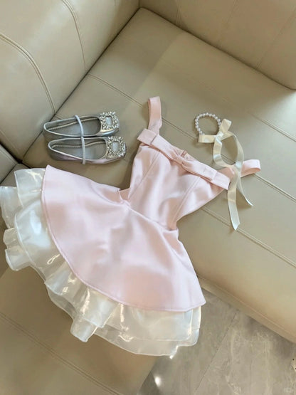 Aimishang Cute Pink A Line Straps Sleeveless Short Homecoming Dress Summer Mini Birthday Party Dress With Bow