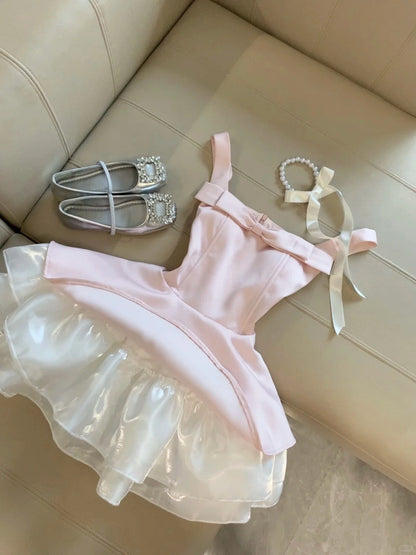 Aimishang Cute Pink A Line Straps Sleeveless Short Homecoming Dress Summer Mini Birthday Party Dress With Bow