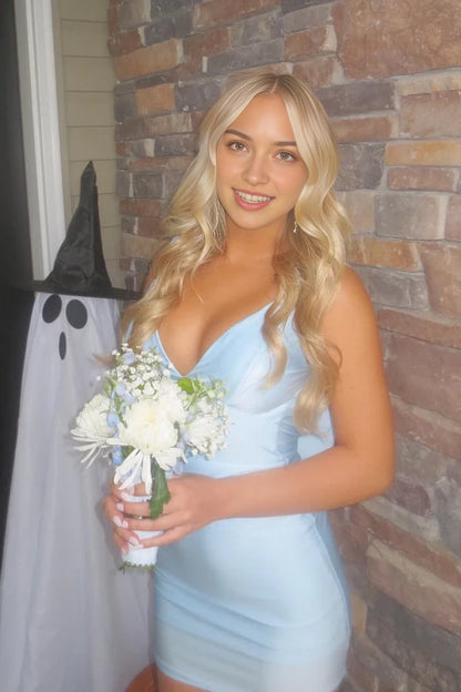 Aimishang Cute Sheath Straps V-neck Light Blue Sleeveless Open Back Short/Mini Homecoming Dress with Back Bow