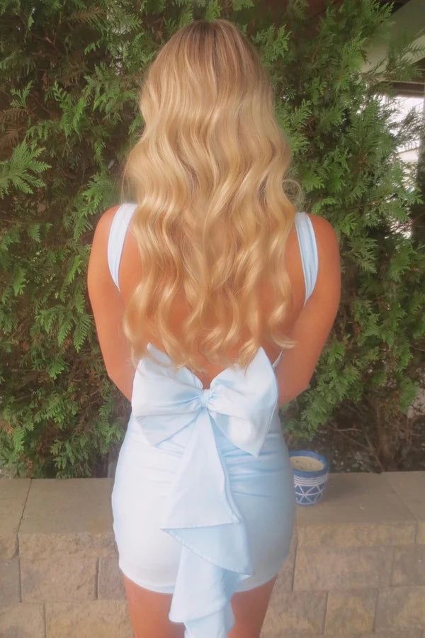 Aimishang Cute Sheath Straps V-neck Light Blue Sleeveless Open Back Short/Mini Homecoming Dress with Back Bow