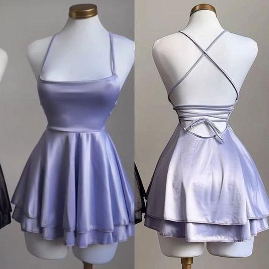 Aimishang Cute Spaghetti Straps A-Line Sleeveless Satin Short Summer Party Dress Simple Mini Homecoming Dress