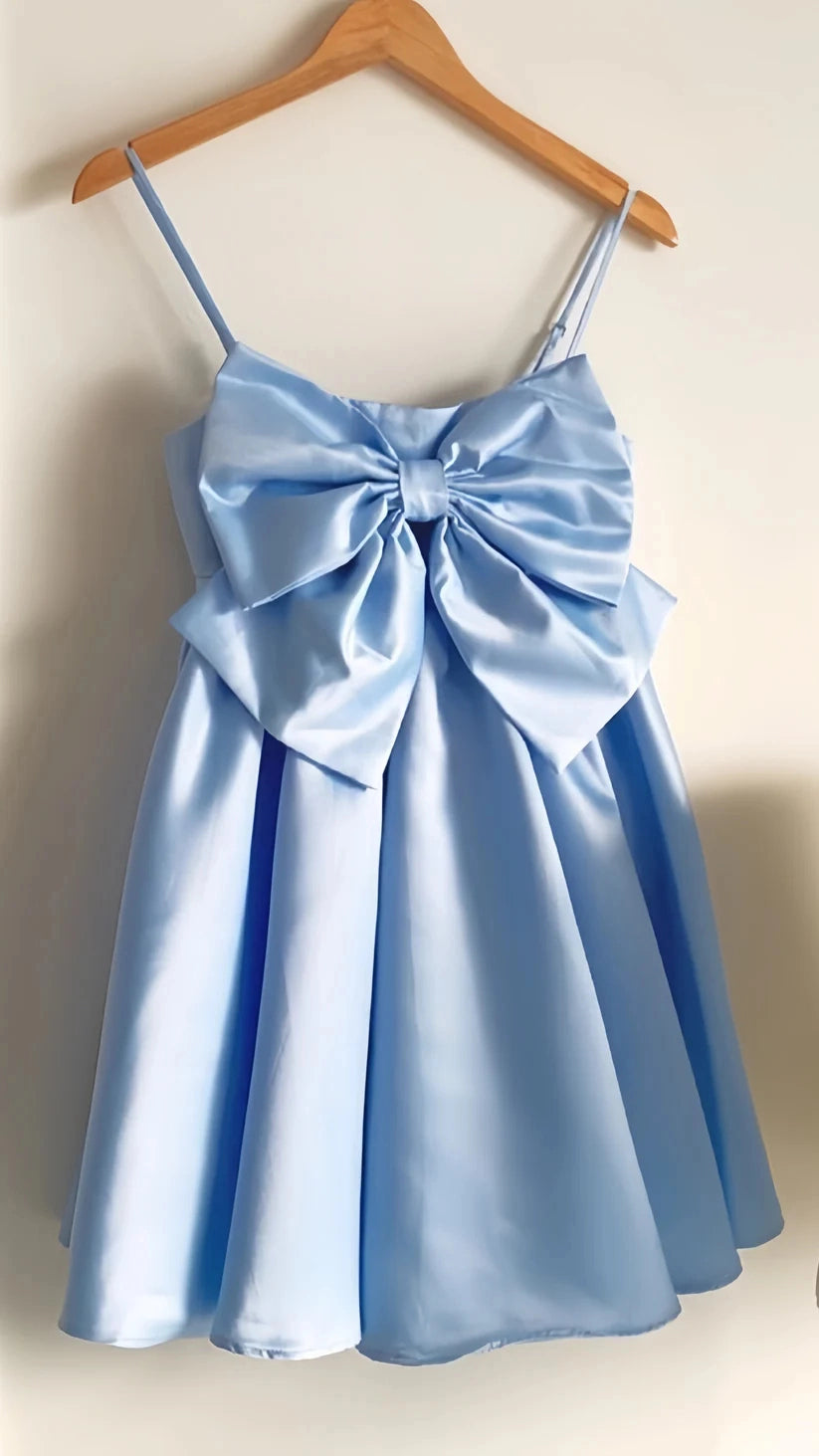 Aimishang Cute Spaghetti Straps A Line Blue Sleeveless Short Formal Birthday Party Dress Cute Graduation Homecoming Dress With Bow