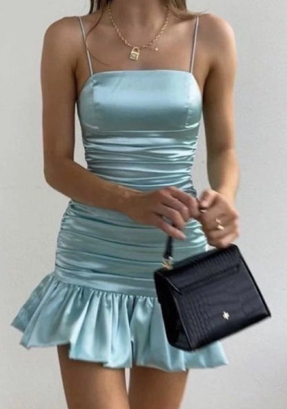 Aimishang Cute Spaghetti Straps Sleeveless Satin Short Homecoming Dress Mini Graduation Party Dress