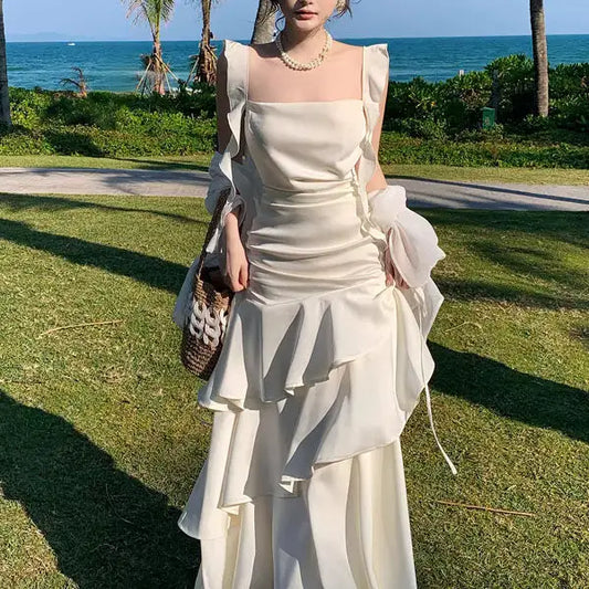 Aimishang Cute Square neckline Sleeveless Tiered Ruffles Party Evening Gown Lovely Long Formal Prom Dress