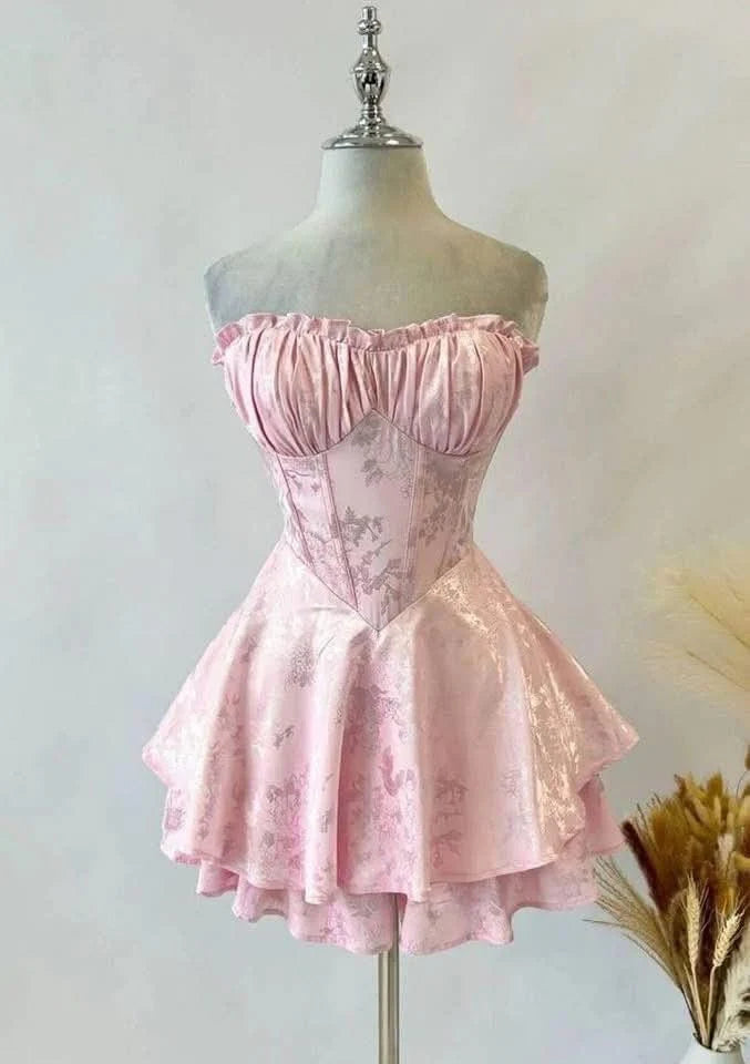 Aimishang Cute Strapless A Line Sleeveless Print Floral Short Formal Birthday Party Dress Sweet Homecoming Dress