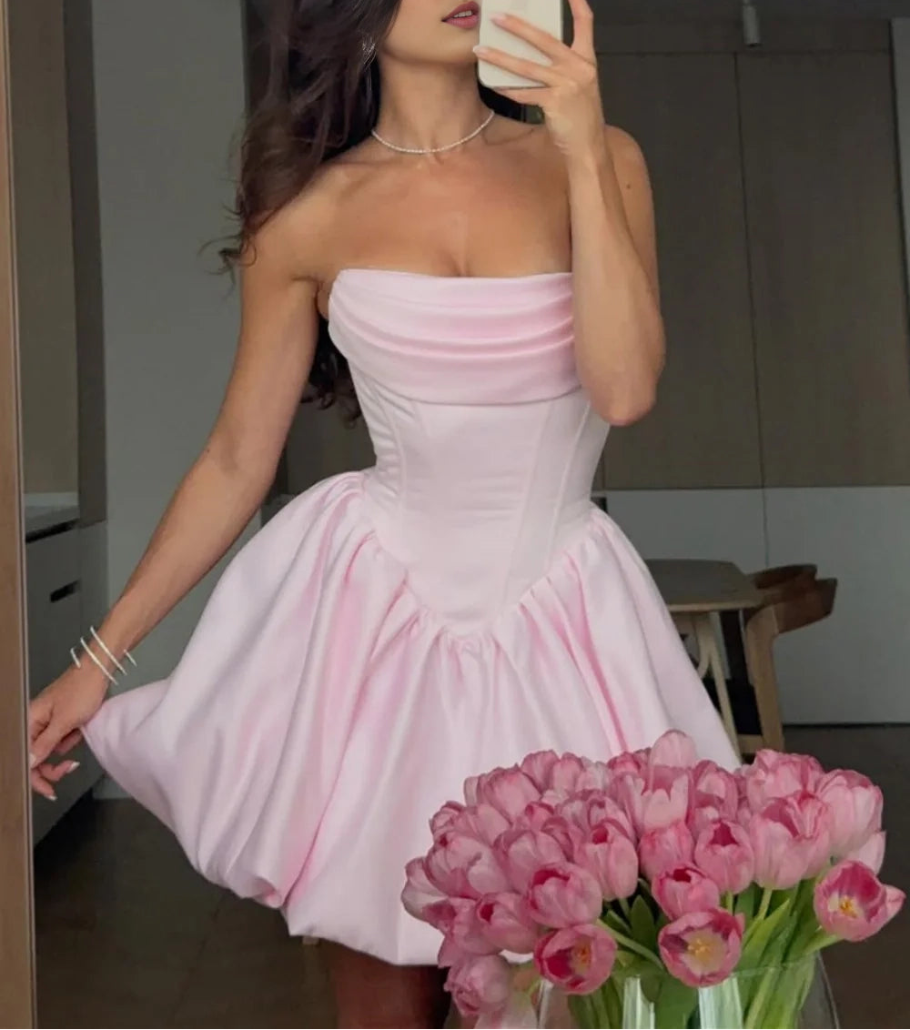 Aimishang Cute Strapless A Line Sleeveless Satin Pleated Short Homecoming Dress Lovely Summer Birthday Party Dress