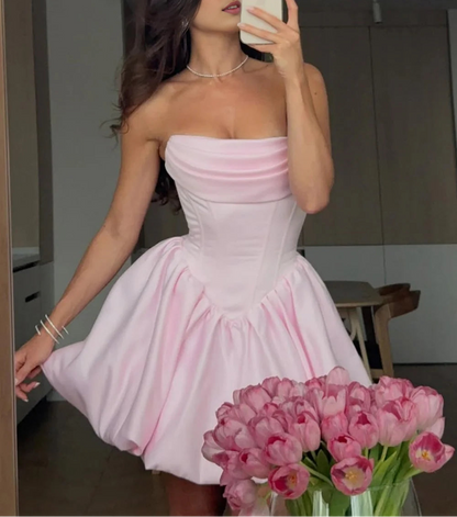 Aimishang Cute Strapless A Line Sleeveless Satin Pleated Short Homecoming Dress Lovely Summer Birthday Party Dress