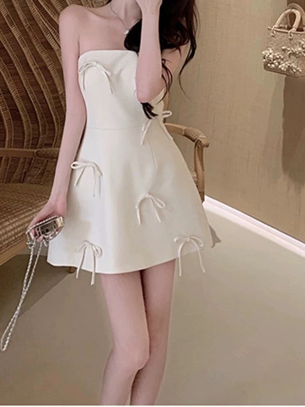 Aimishang Cute Strapless A Line Sleeveless Short Homecoming Dress Mini Summer Party Dress With Bow
