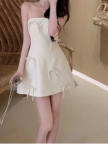 Aimishang Cute Strapless A Line Sleeveless Short Homecoming Dress Mini Summer Party Dress With Bow