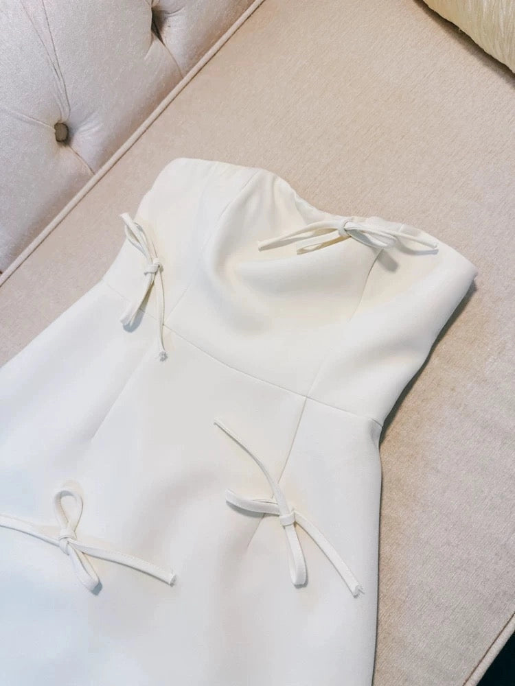Aimishang Cute Strapless A Line Sleeveless Short Homecoming Dress Mini Summer Party Dress With Bow