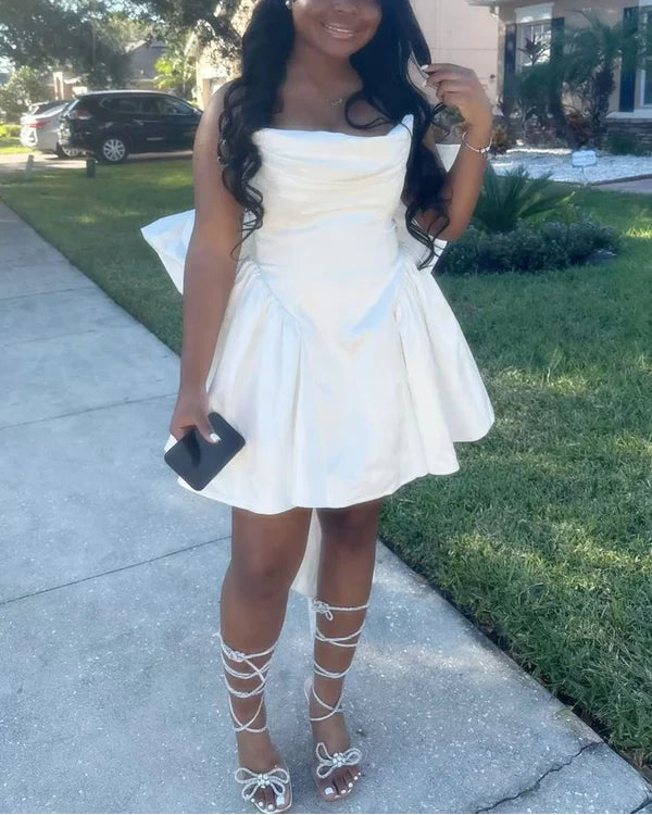 Aimishang Cute Strapless A Line Sleeveless Short Summer Birthday Party Dress Sweet Homecoming Dress With Bow