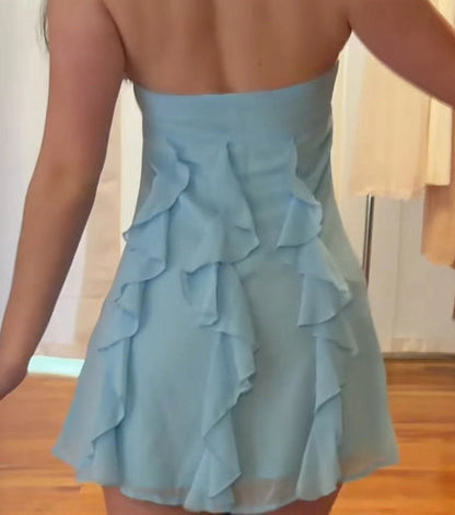 Aimishang Cute Strapless A Line Sweetheart Neck Ruffle Short Summer Homecoming Dress Lovely Graduation Party Dress