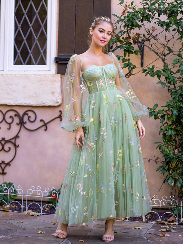 Aimishang Lovely Sweetheart A Line Embroidery Tulle Puff Sleeves Floral Prom Dress Charming Evening Party Dress