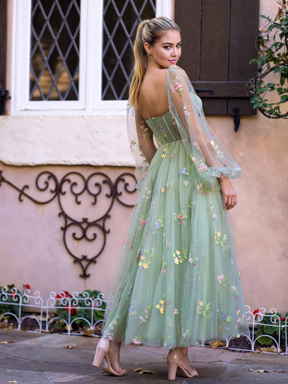 Aimishang Lovely Sweetheart A Line Embroidery Tulle Puff Sleeves Floral Prom Dress Charming Evening Party Dress