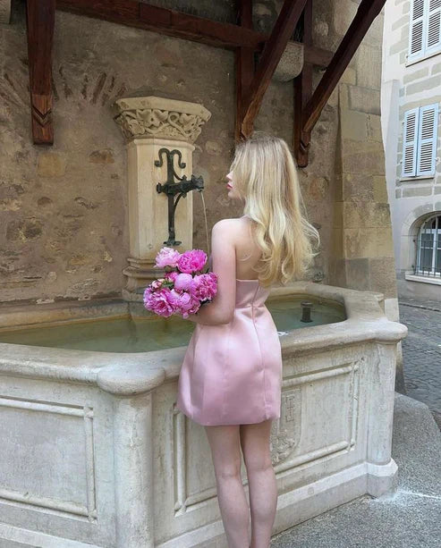 Aimishang Cute V-neck Halter Satin Short Backless Homecoming Dress Party Dress Sweetheart Birthday Party Dress