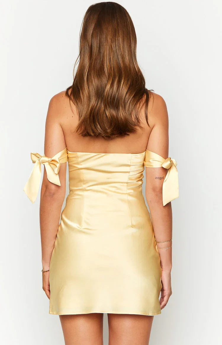 Aimishang Cute Yellow Satin Bow Off Shoulder Mini Short Summer Homecoming Dress Lovely Graduation Party Dress