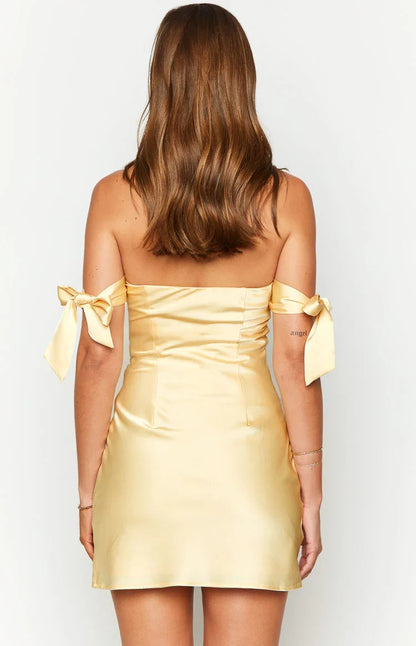 Aimishang Cute Yellow Satin Bow Off Shoulder Mini Short Summer Homecoming Dress Lovely Graduation Party Dress