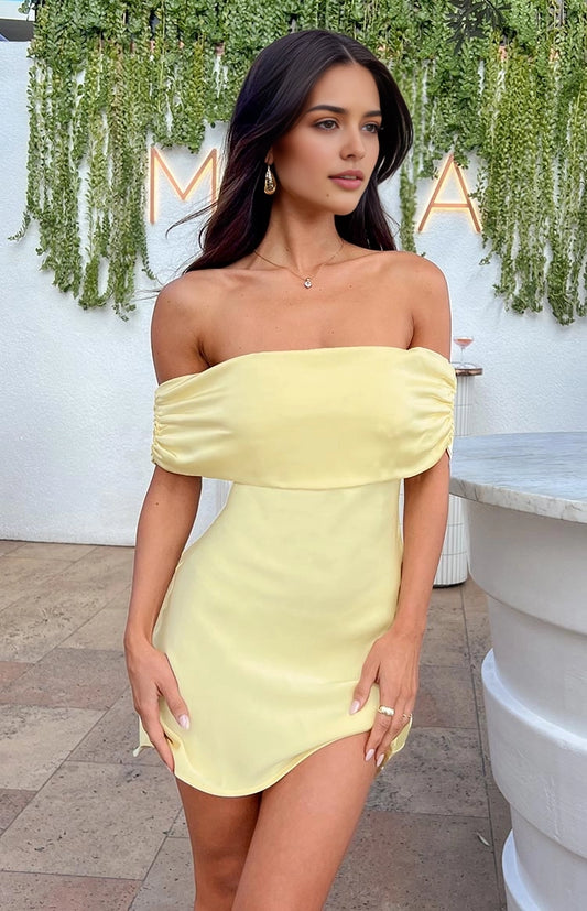 Aimishang Cute Yellow Satin Off the Shoulder Mini Short Summer Homecoming Dress Lovely Graduation Party Dress