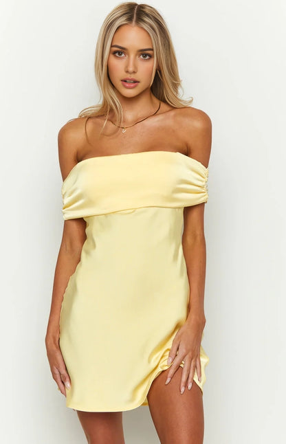 Aimishang Cute Yellow Satin Off the Shoulder Mini Short Summer Homecoming Dress Lovely Graduation Party Dress