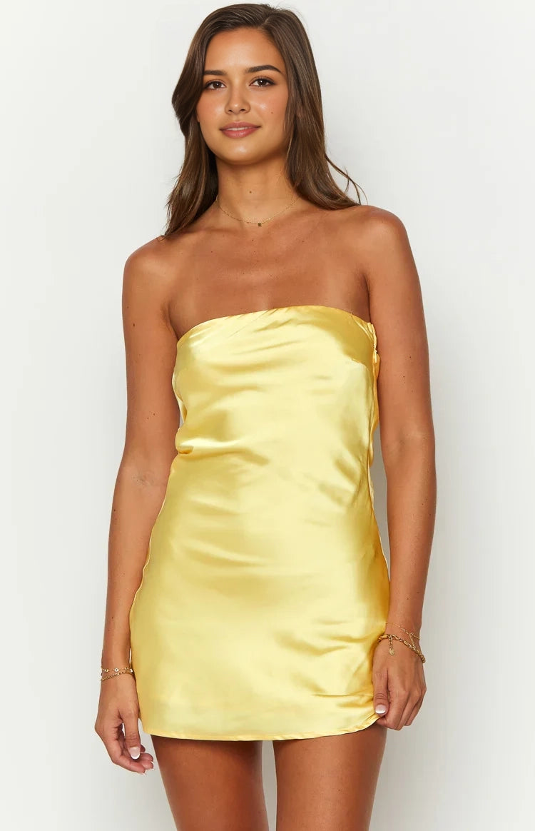 Aimishang Cute Yellow Satin Sheath Strapless Sleeveless Mini Short Summer Homecoming Dress Lovely Graduation Party Dress