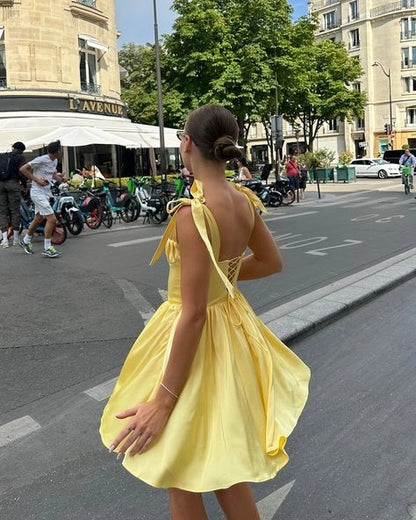 Aimishang Cute Yellow Straps A Line Sleeveless Short Homecoming Dress Summer Party Vacation Dress