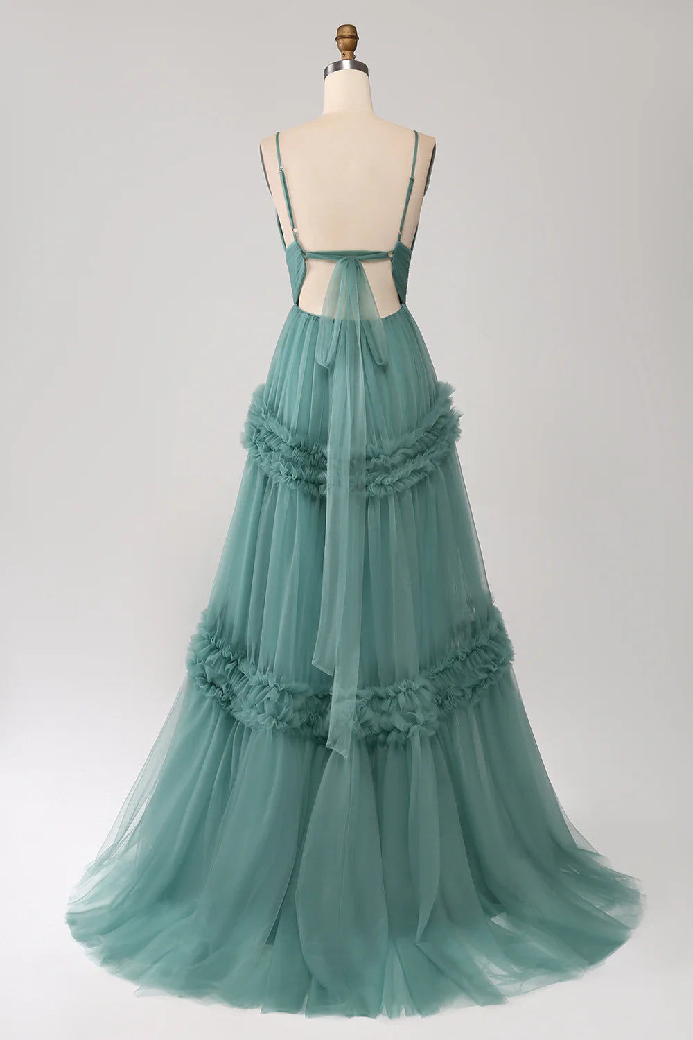 Wholesale Green A Line Spaghetti Straps Tulle Long Prom Dress with Ruffles