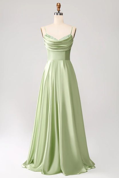 Wholesale Dusty Sage A Line Cowl Neck Satin Long Prom Dress with Pleated