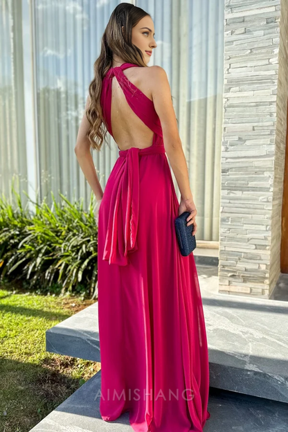 Aimishang Elegant V Neck Halter Sleeveless Long Prom Dress Evening Dress Charming Party Dress With Slit
