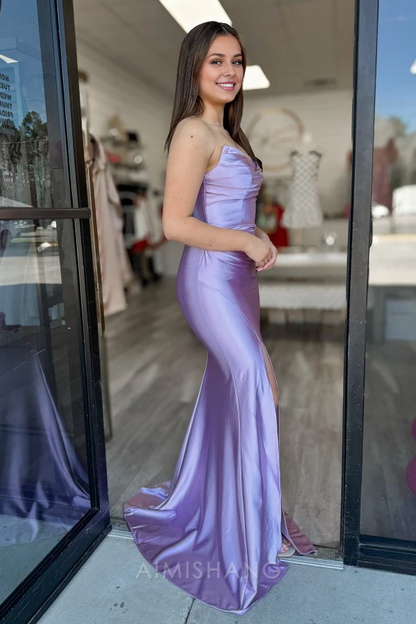 Aimishang Elegant Sheath Sleeveless Long Prom Dress Simple Evening Party Dress With Slit