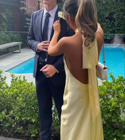Aimishang Elegant A Line Halter Yellow Satin Open Back Long Prom Dress Simple Evening Party Dress