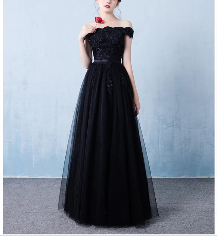 Black Off the Shoulder Tulle A-line Prom Dress New Formal Gown Elegant Evening Dress Wholesale