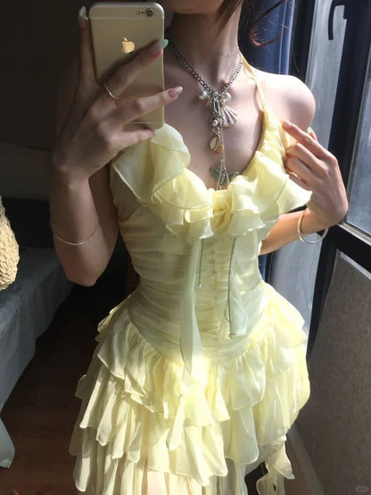 Aimishang Sweet Yellow A Line Chiffon Ruffle Sleeveless Short Birthday Party Dress Lovely Homecoming Dress