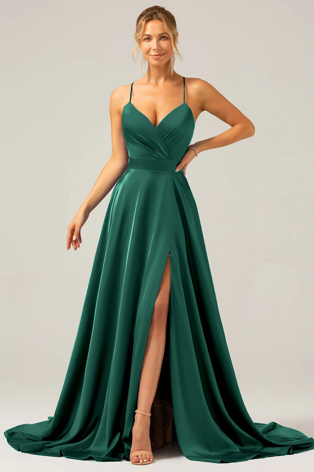 Wholesale Dark Green A Line Prom Dresses Spaghetti Straps Pleated Satin Maxi Dress with Slit