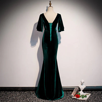 Dark Green Velvet Mermaid Slit V-neckline Formal Dress Party Dress Long Evening Dress Wholesale