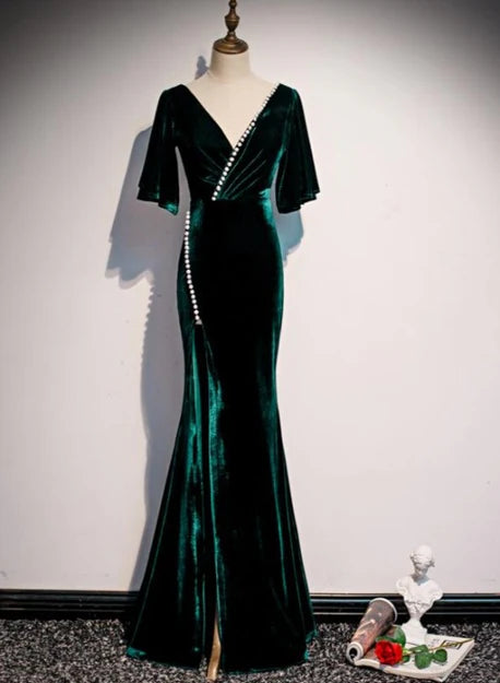 Dark Green Velvet Mermaid Slit V-neckline Formal Dress Party Dress Long Evening Dress Wholesale