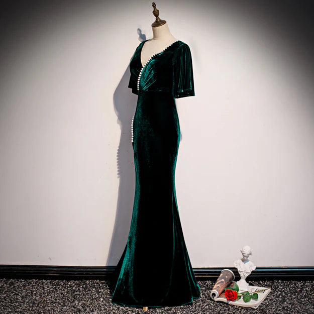 Dark Green Velvet Mermaid Slit V-neckline Formal Dress Party Dress Long Evening Dress Wholesale