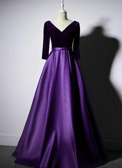 Dark Red Velvet and Satin V-neckline Long Prom Dresses Dark Purple A Line Evening Dress Elegant Wholesale