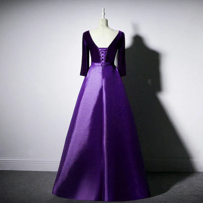 Dark Red Velvet and Satin V-neckline Long Prom Dresses Dark Purple A Line Evening Dress Elegant Wholesale