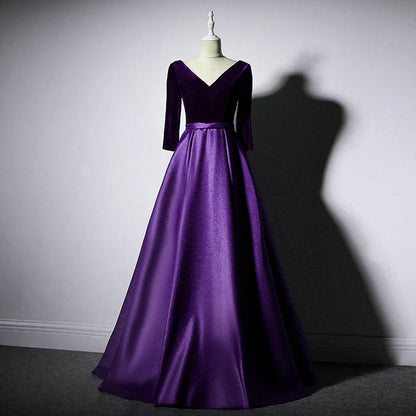 Dark Red Velvet and Satin V-neckline Long Prom Dresses Dark Purple A Line Evening Dress Elegant Wholesale