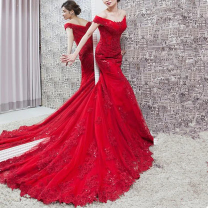 Red Mermaid Off Shoulder Evening Gown with Lace Applique Formal Gown Prom Dress Wholesale