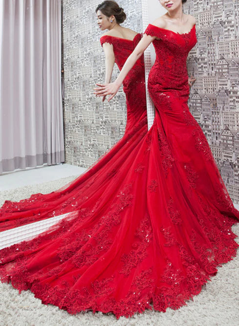 Red Mermaid Off Shoulder Evening Gown with Lace Applique Formal Gown Prom Dress Wholesale