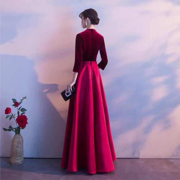 Dark Red Satin and Velvet Simple Long Wedding Party Dress Evening Dresses Prom Dresses Elegant Wholesale