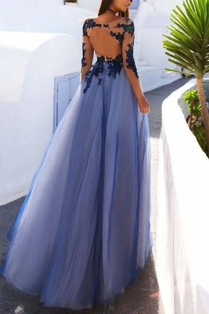 Wholesale Sexy Long Back Prom Dresses Sleeves Blue Lace Open Evening Dresses