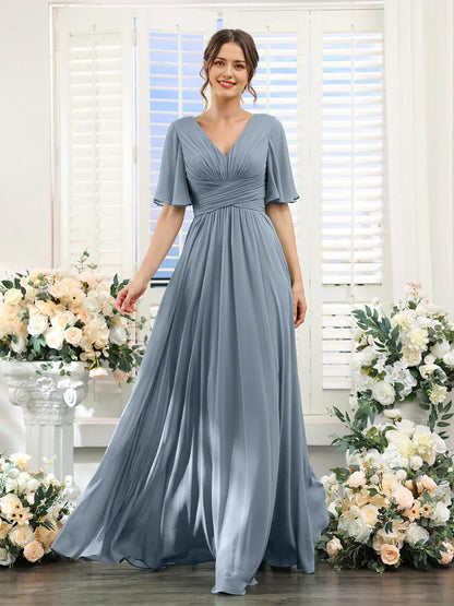 Wholesale A-Line Bridesmaid Dress for Wedding Guest V-Neck Sleeve Long Chiffon Formal Party Dresses with Slit