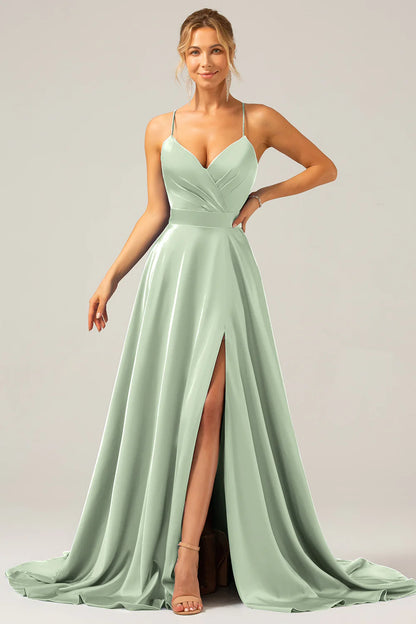 Wholesale Dark Green A Line Prom Dresses Spaghetti Straps Pleated Satin Maxi Dress with Slit