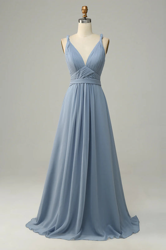 Wholesale Dusty Blue Deep V Neck A Line Long Bridesmaid Dress