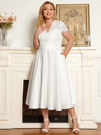 Wholesa Plus Size Lace Cap Sleeve V neck Midi Formal Dress